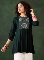 Viscose Rayon Green Office Wear Embroidery Work Readymade Short Kurti